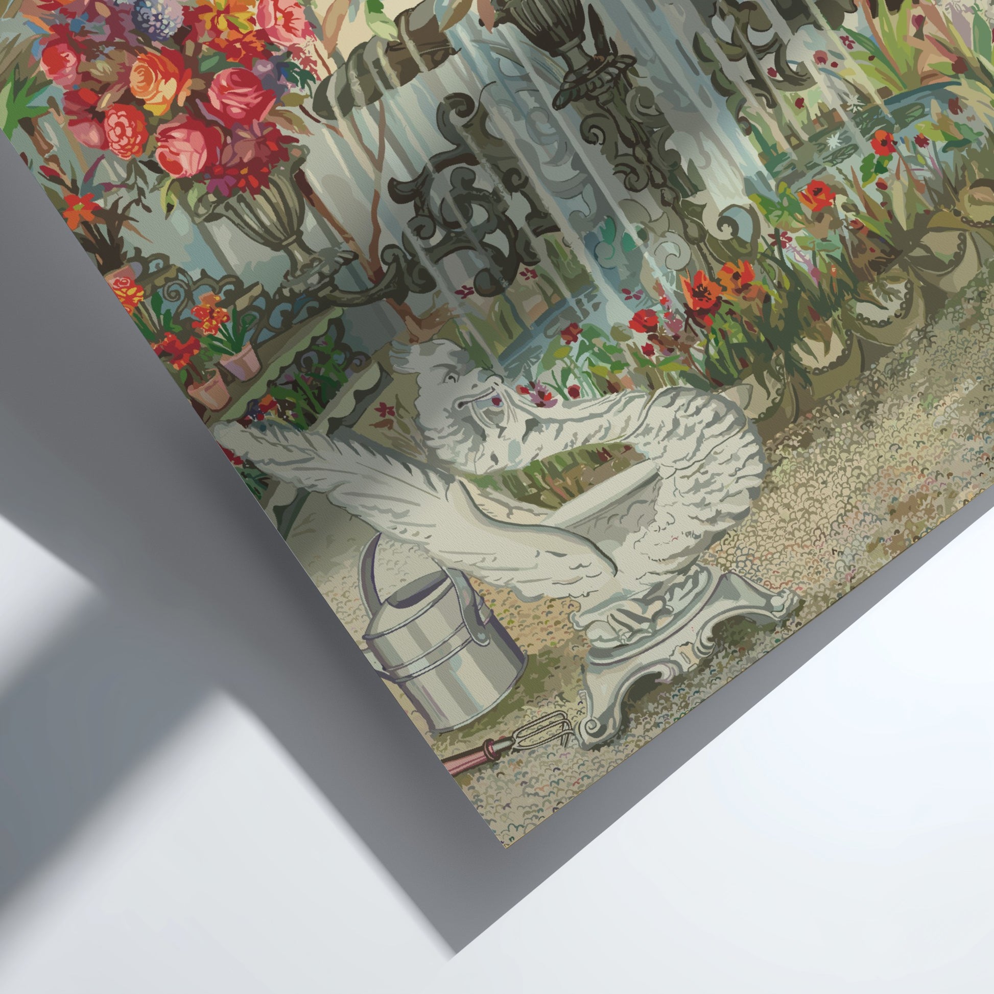 Vintage Conservatory Fountain poster featuring birds in a cage and abundant floral arrangements, watercolor
