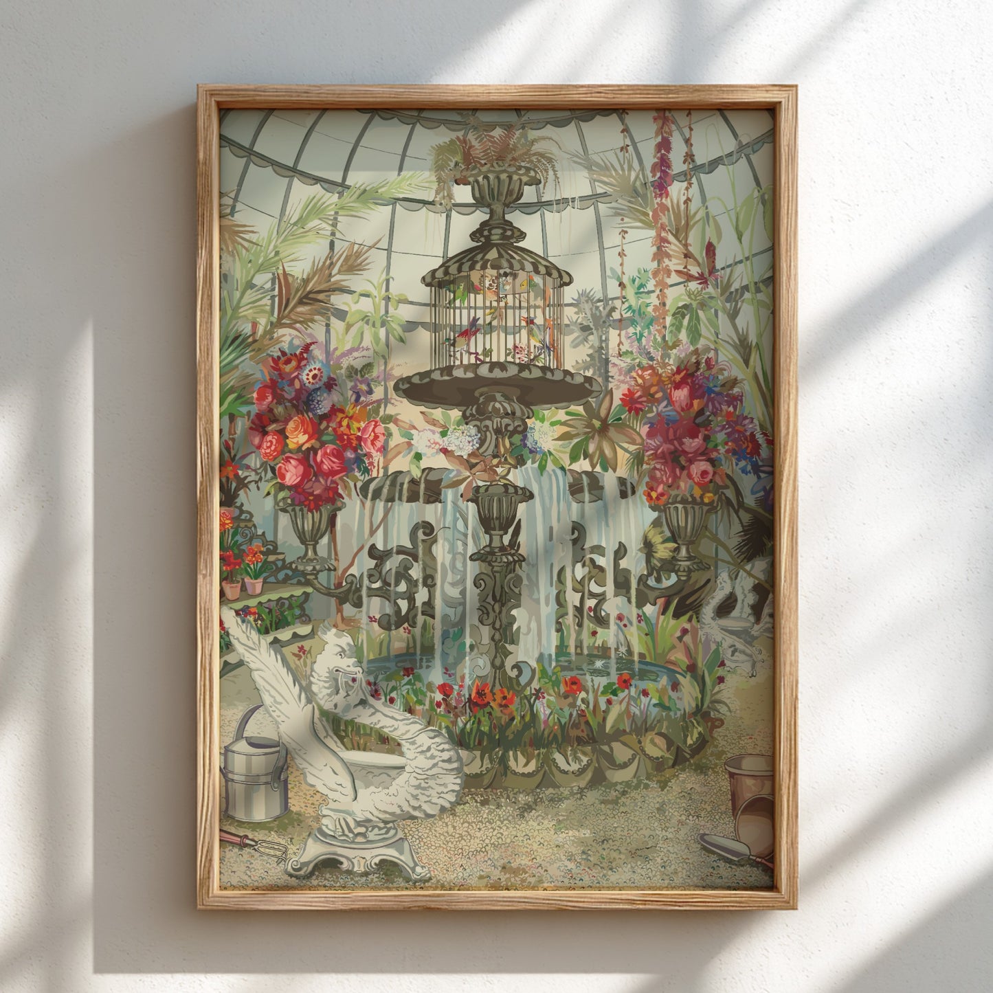 Vintage Conservatory Fountain poster featuring birds in a cage and abundant floral arrangements, watercolor