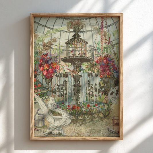 Vintage Conservatory Fountain poster featuring birds in a cage and abundant floral arrangements, watercolor
