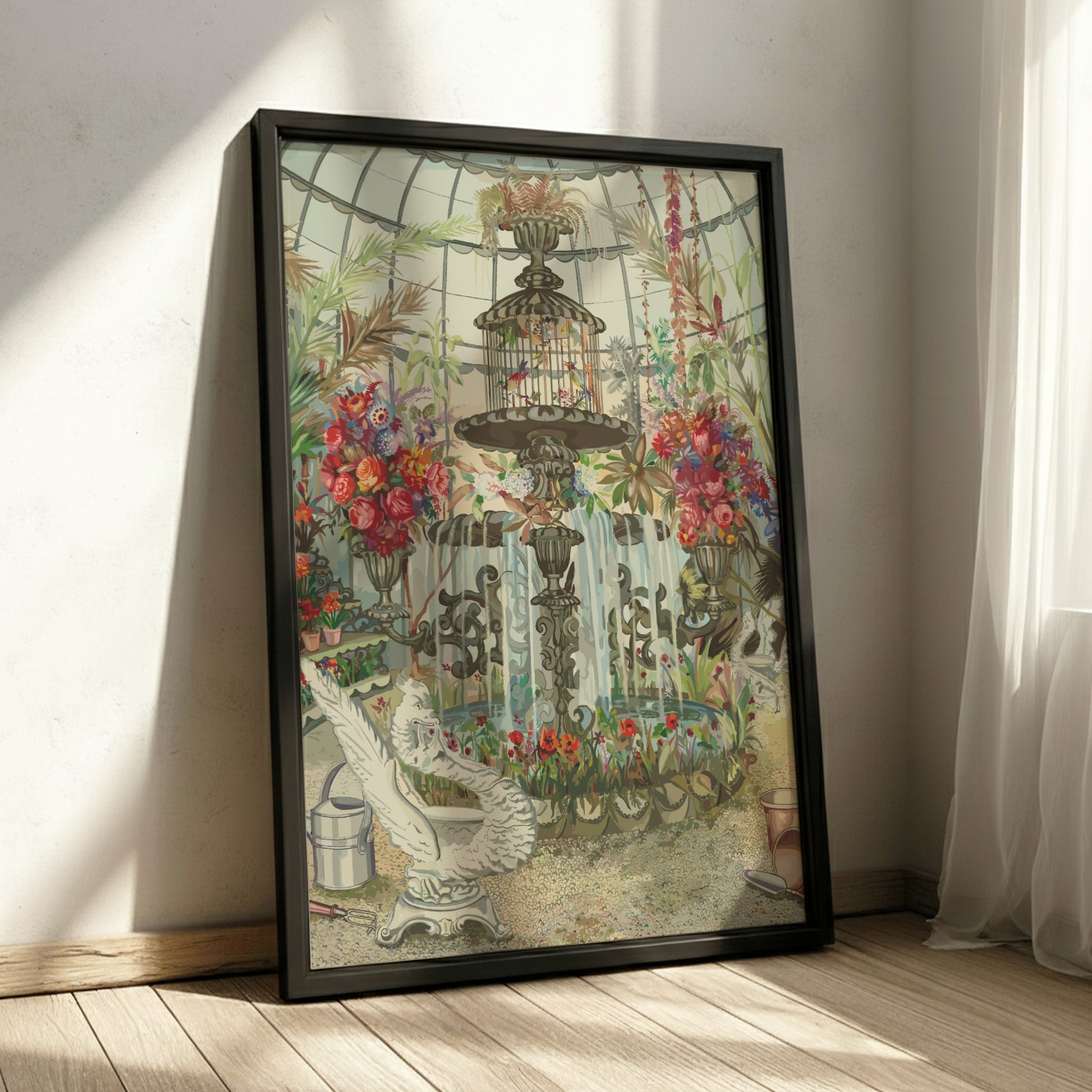 Vintage Conservatory Fountain poster featuring birds in a cage and abundant floral arrangements, watercolor