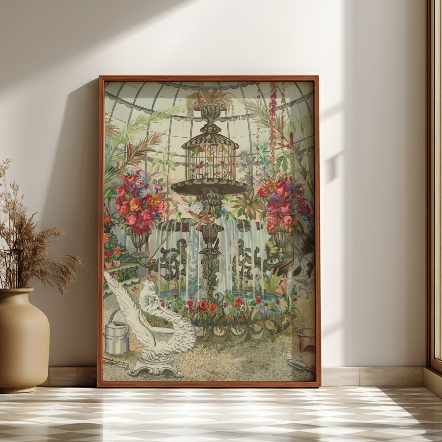 Vintage Conservatory Fountain poster featuring birds in a cage and abundant floral arrangements, watercolor