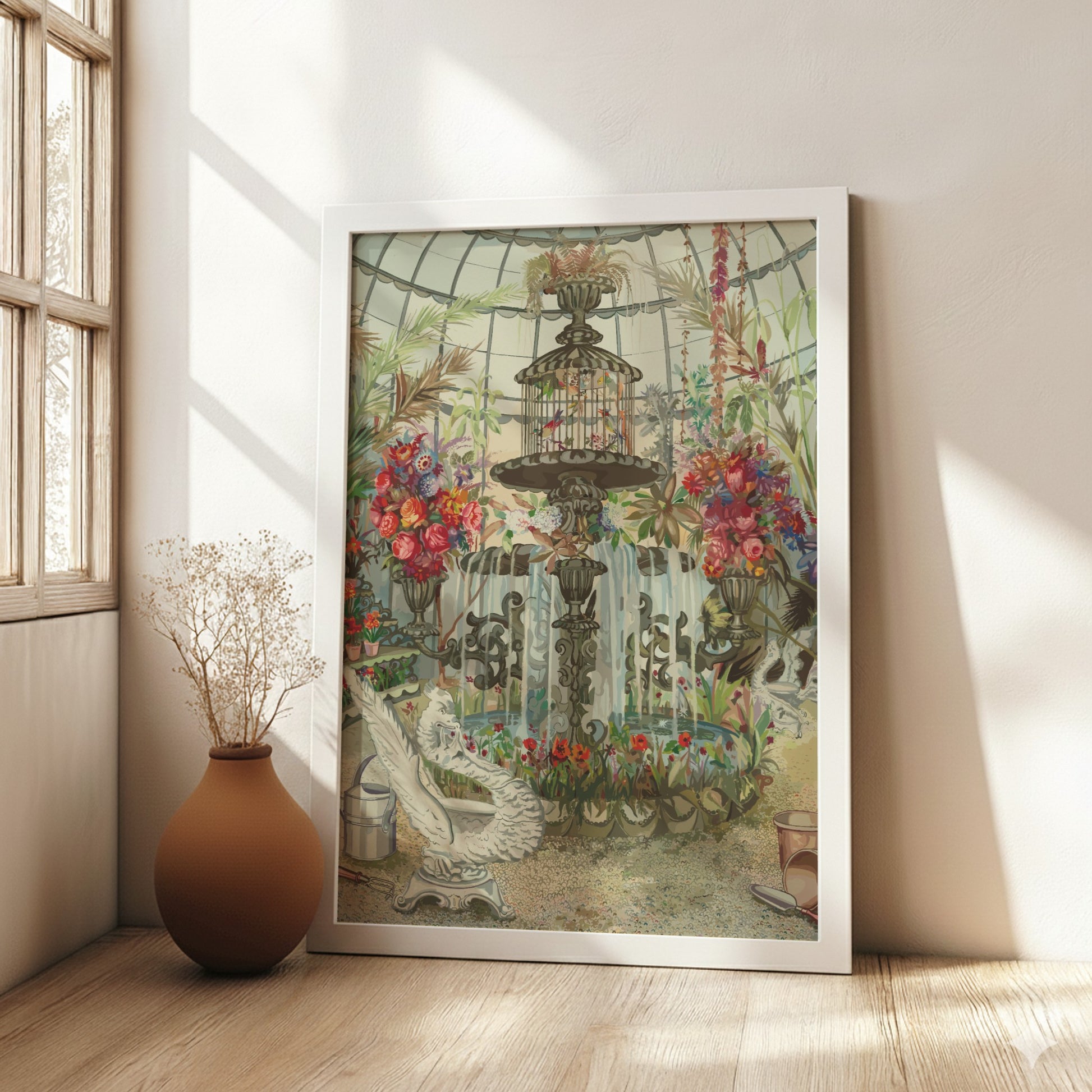 Vintage Conservatory Fountain poster featuring birds in a cage and abundant floral arrangements, watercolor