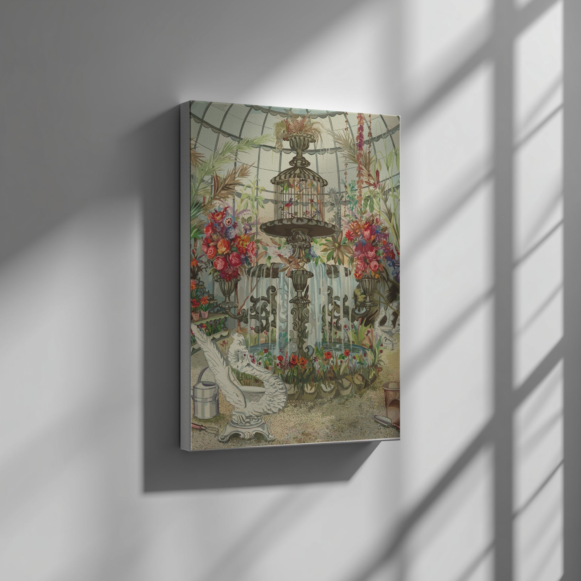 Vintage Conservatory Fountain poster featuring birds in a cage and abundant floral arrangements, watercolor