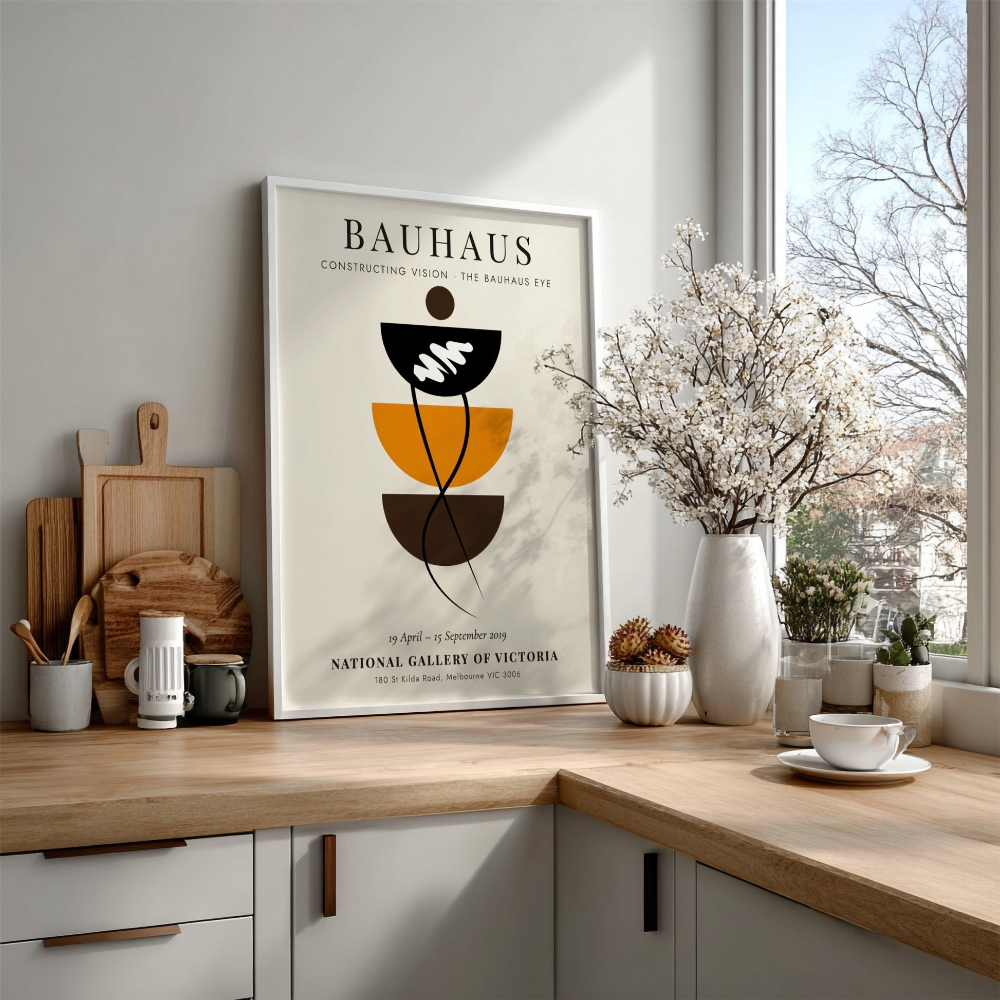 Bauhaus poster showcasing geometric shapes and earthy colors, modern design elements for wall decor