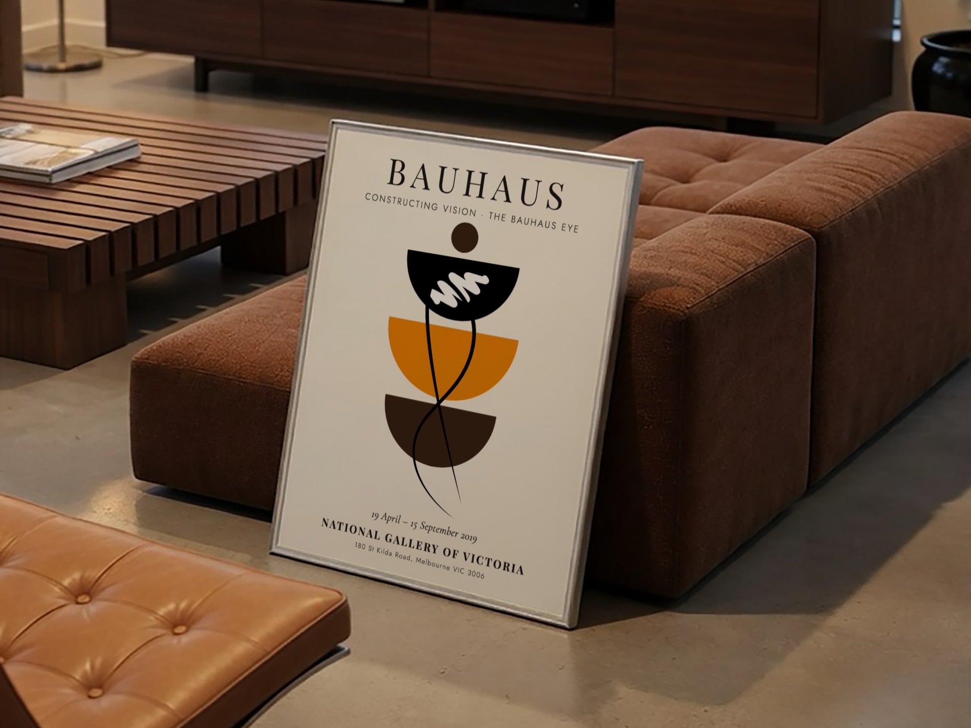 Bauhaus poster showcasing geometric shapes and earthy colors, modern design elements for wall decor