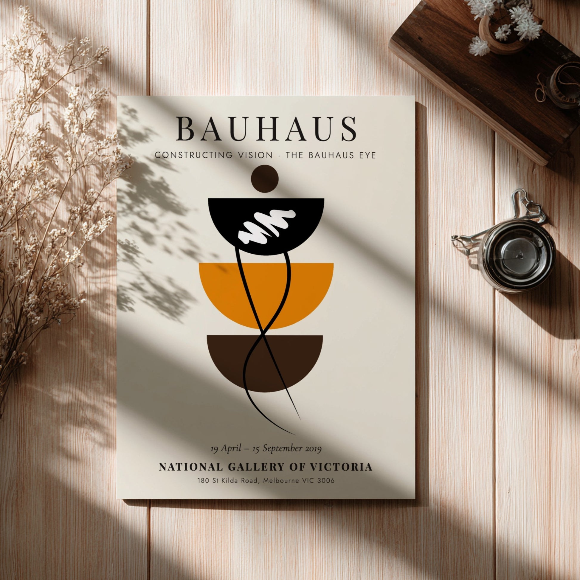Bauhaus poster showcasing geometric shapes and earthy colors, modern design elements for wall decor