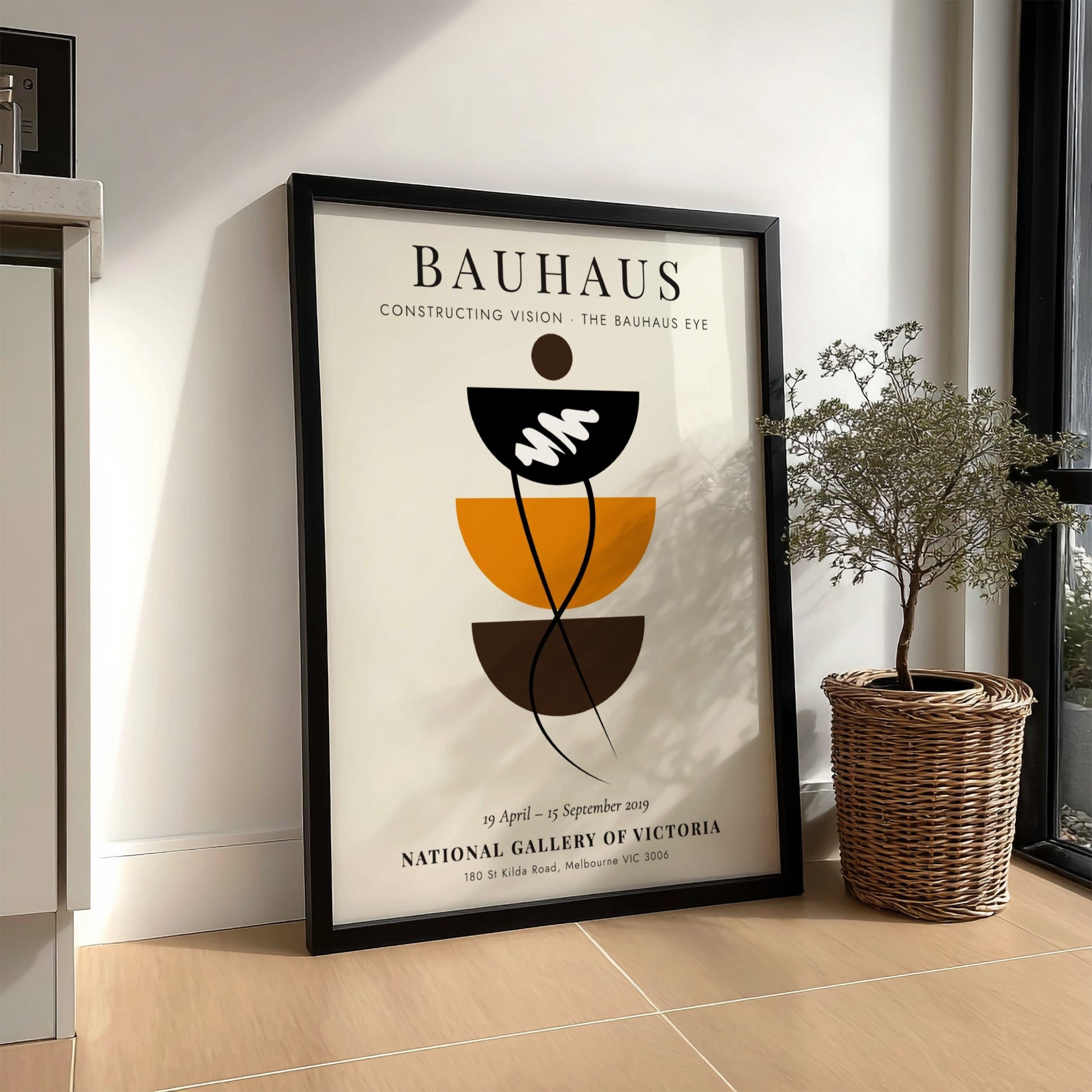 Bauhaus poster showcasing geometric shapes and earthy colors, modern design elements for wall decor