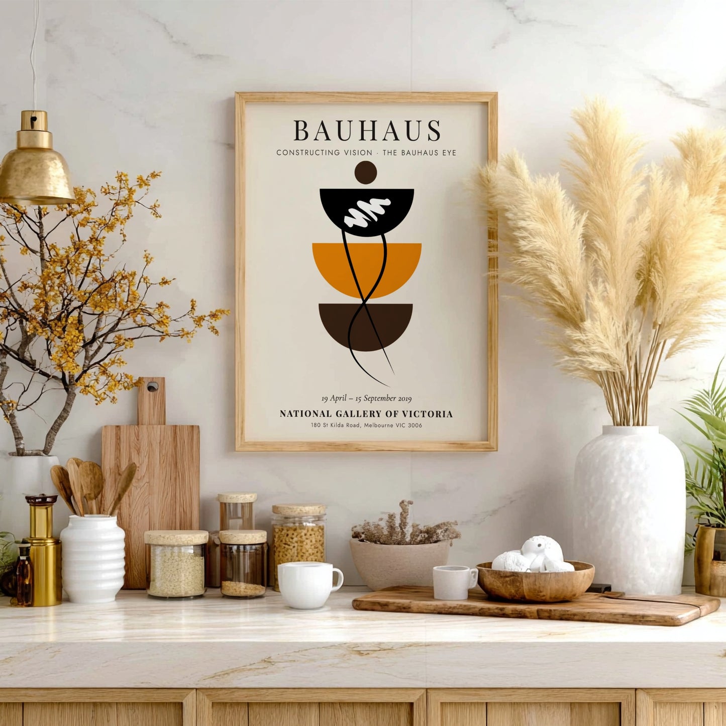 Bauhaus poster showcasing geometric shapes and earthy colors, modern design elements for wall decor