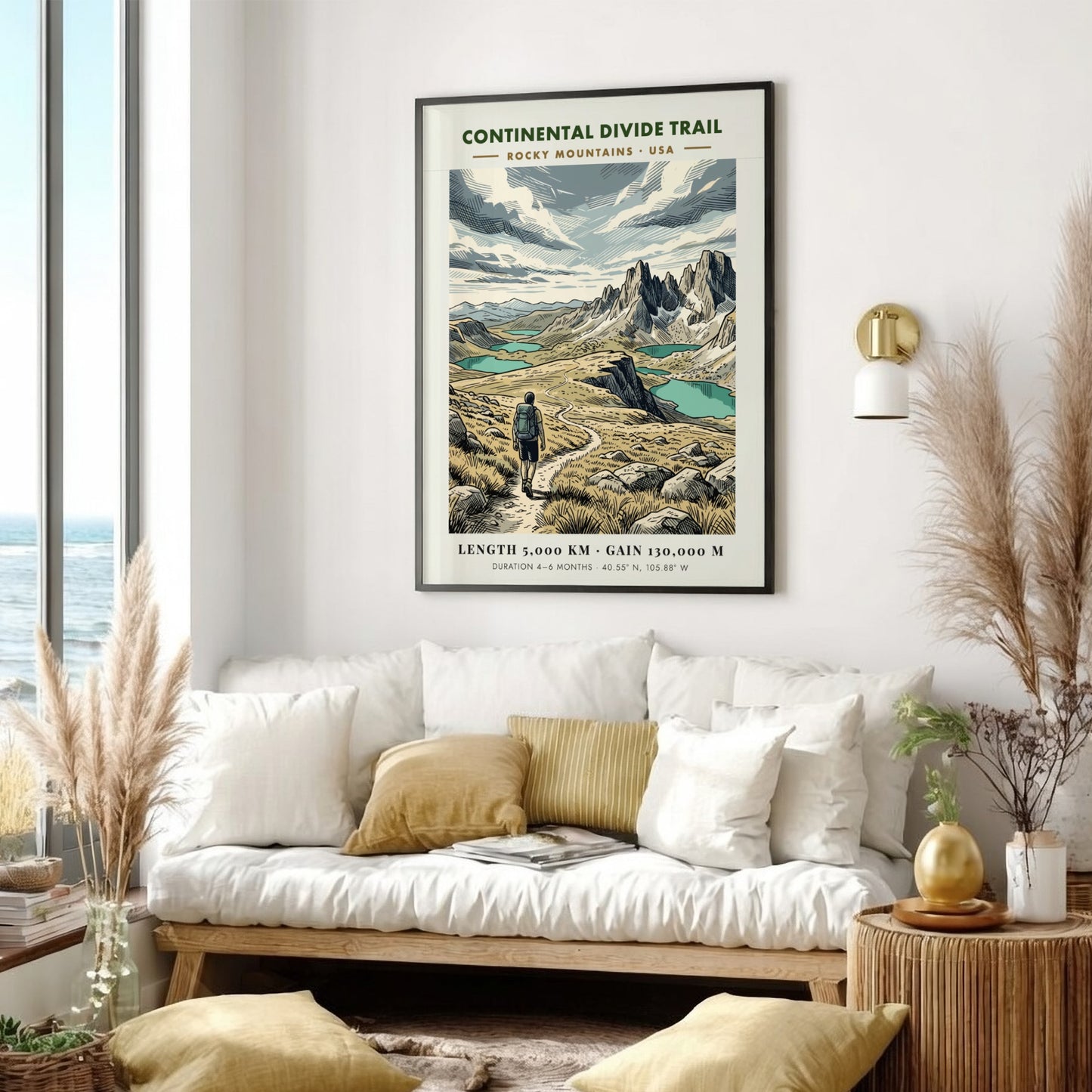 Continental Divide Trail poster featuring a hiker on a mountain path with lakes