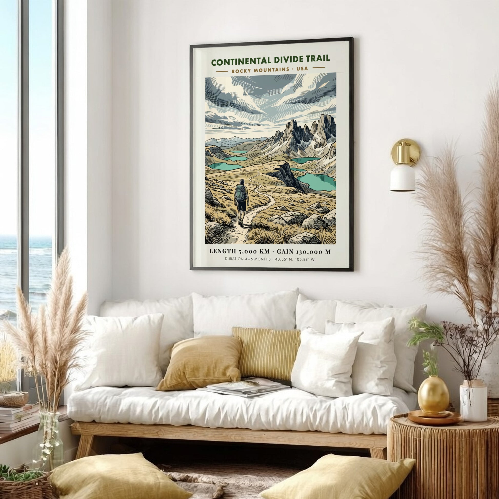 Continental Divide Trail poster featuring a hiker on a mountain path with lakes