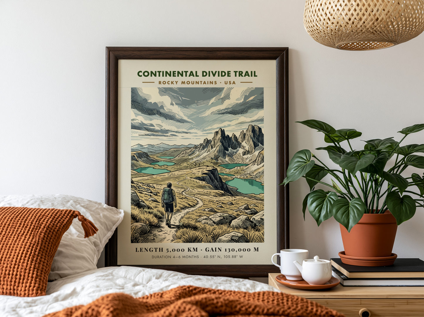 Continental Divide Trail poster featuring a hiker on a mountain path with lakes