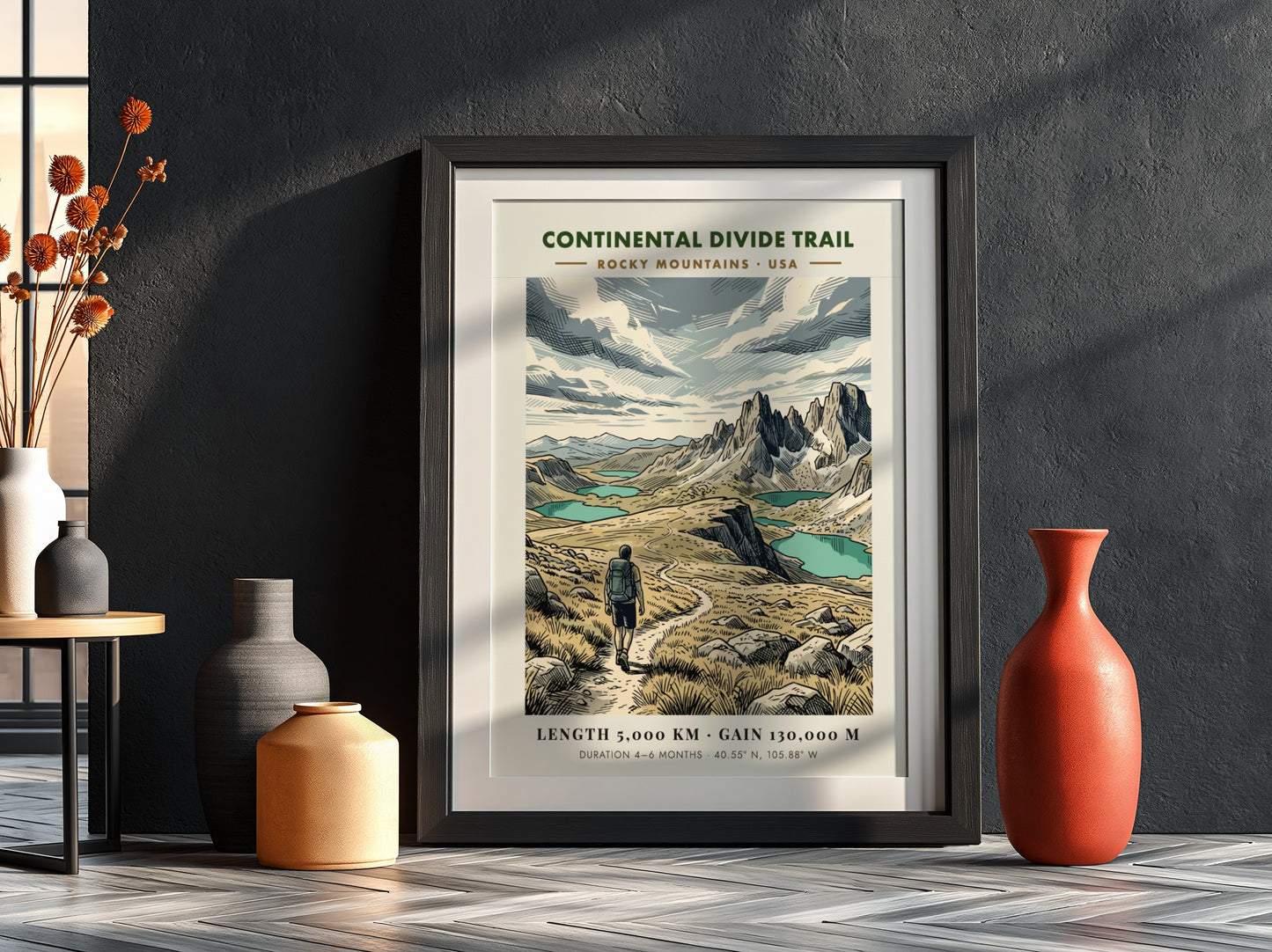 Continental Divide Trail poster featuring a hiker on a mountain path with lakes