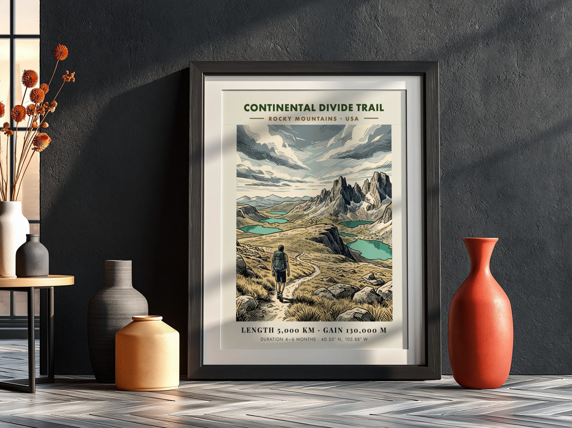 Continental Divide Trail poster featuring a hiker on a mountain path with lakes