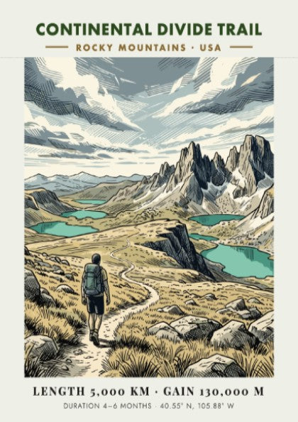 Continental Divide Trail poster featuring a hiker on a mountain path with lakes