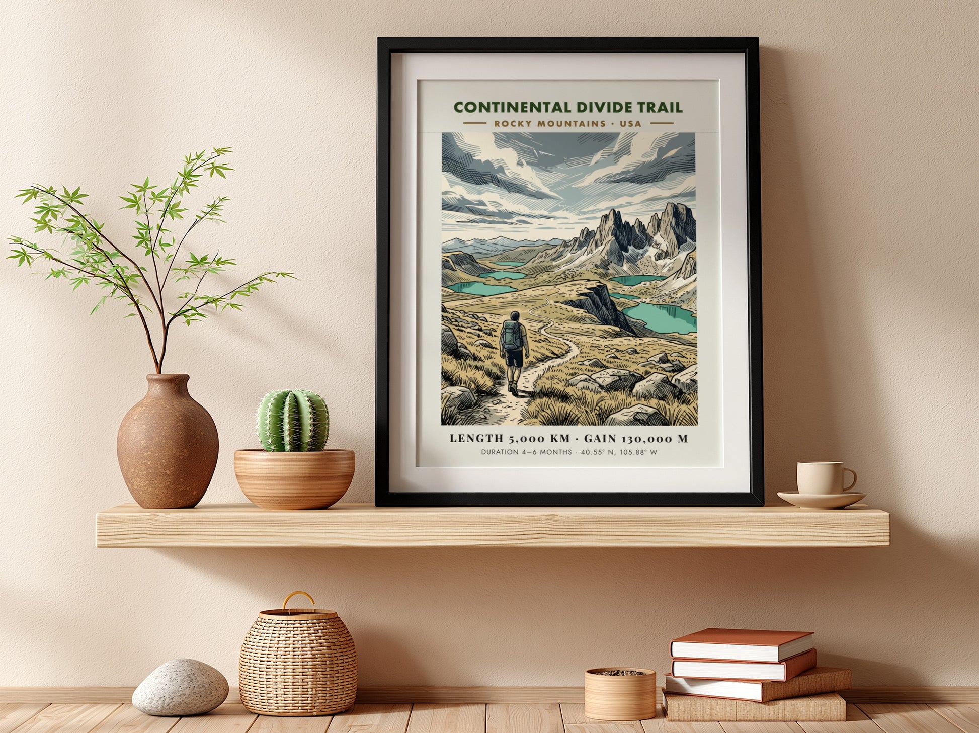 Continental Divide Trail poster featuring a hiker on a mountain path with lakes
