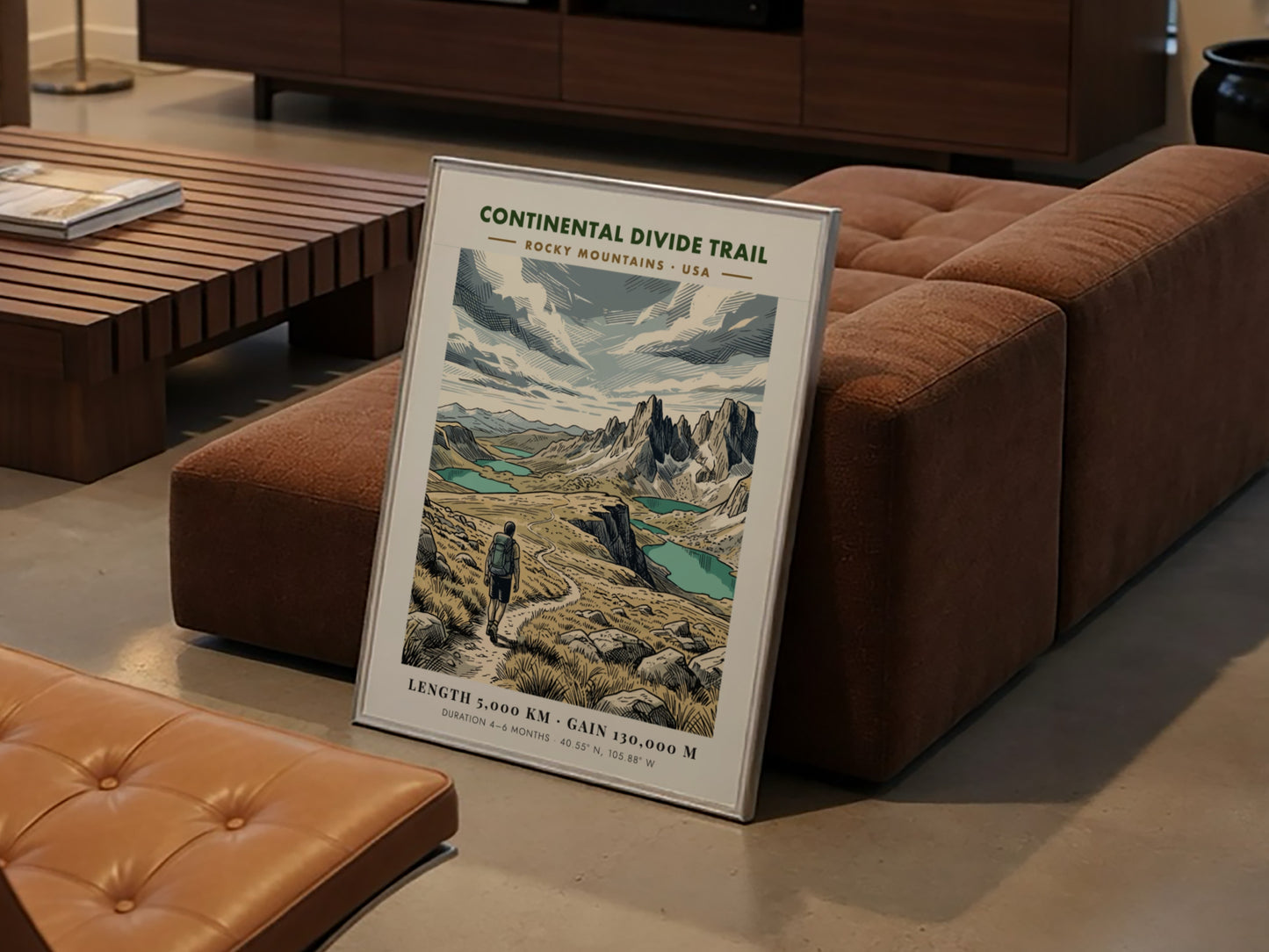 Continental Divide Trail poster featuring a hiker on a mountain path with lakes