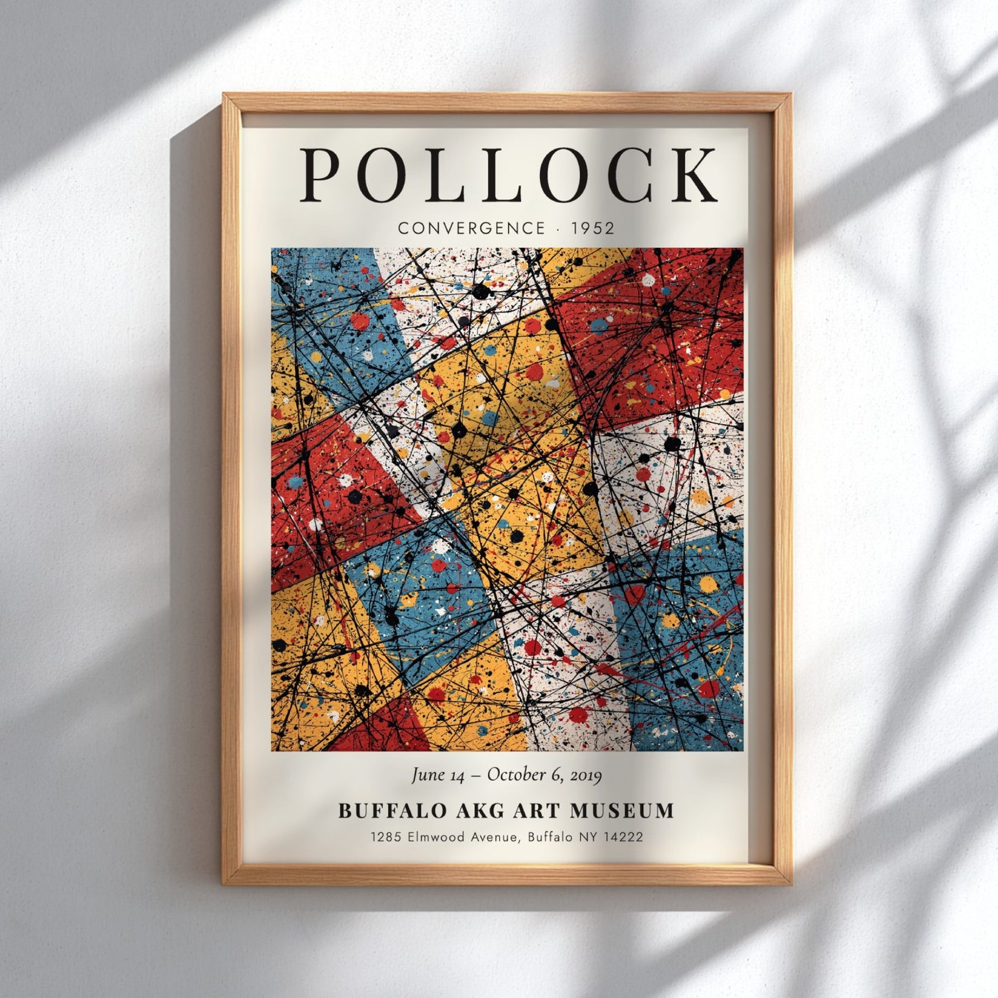 Wall art poster featuring Jackson Pollock Convergence with black dripped lines over coloured rectangles.