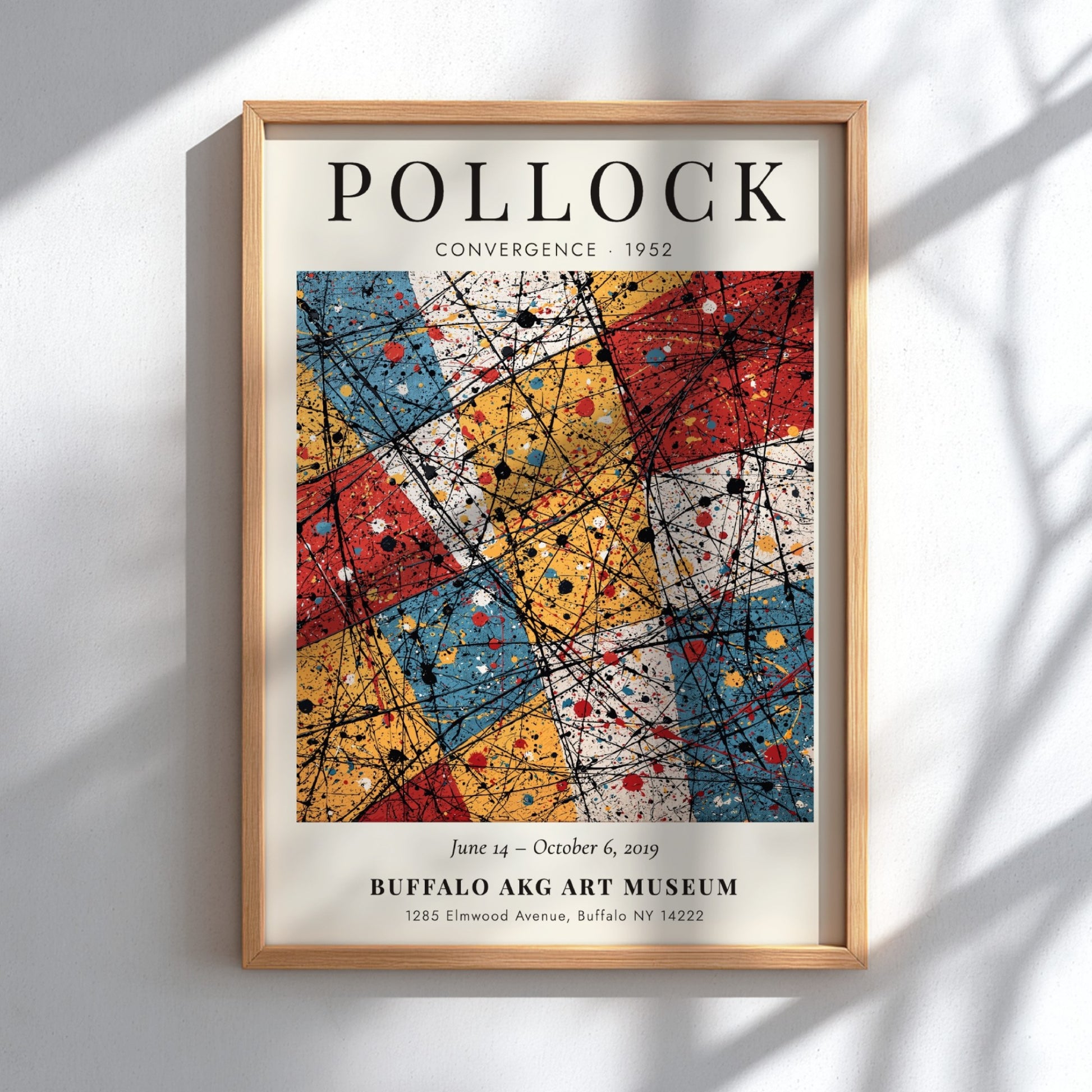 Wall art poster featuring Jackson Pollock Convergence with black dripped lines over coloured rectangles.