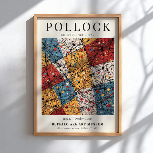 Wall art poster featuring Jackson Pollock Convergence with black dripped lines over coloured rectangles.