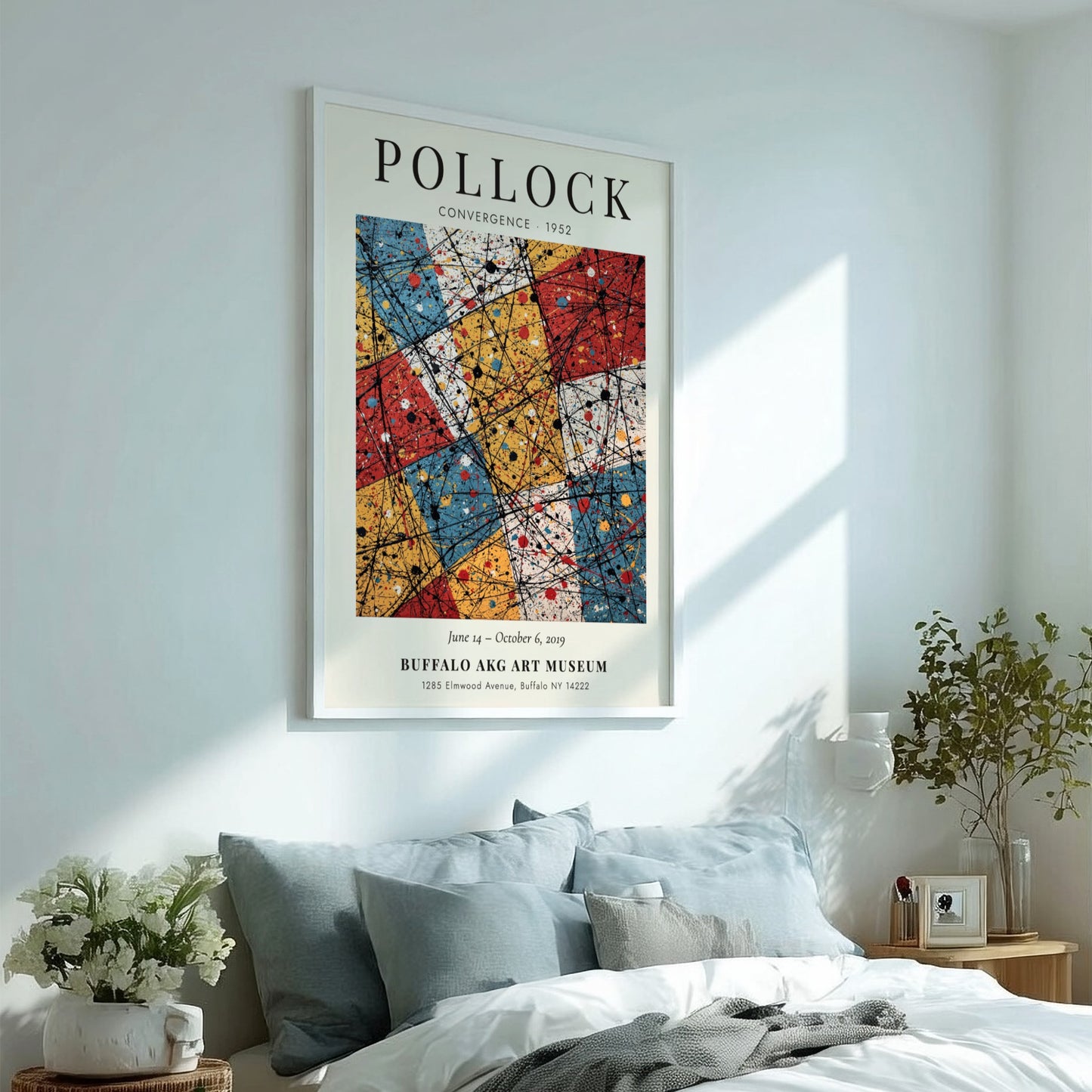 Wall art poster featuring Jackson Pollock Convergence with black dripped lines over coloured rectangles.