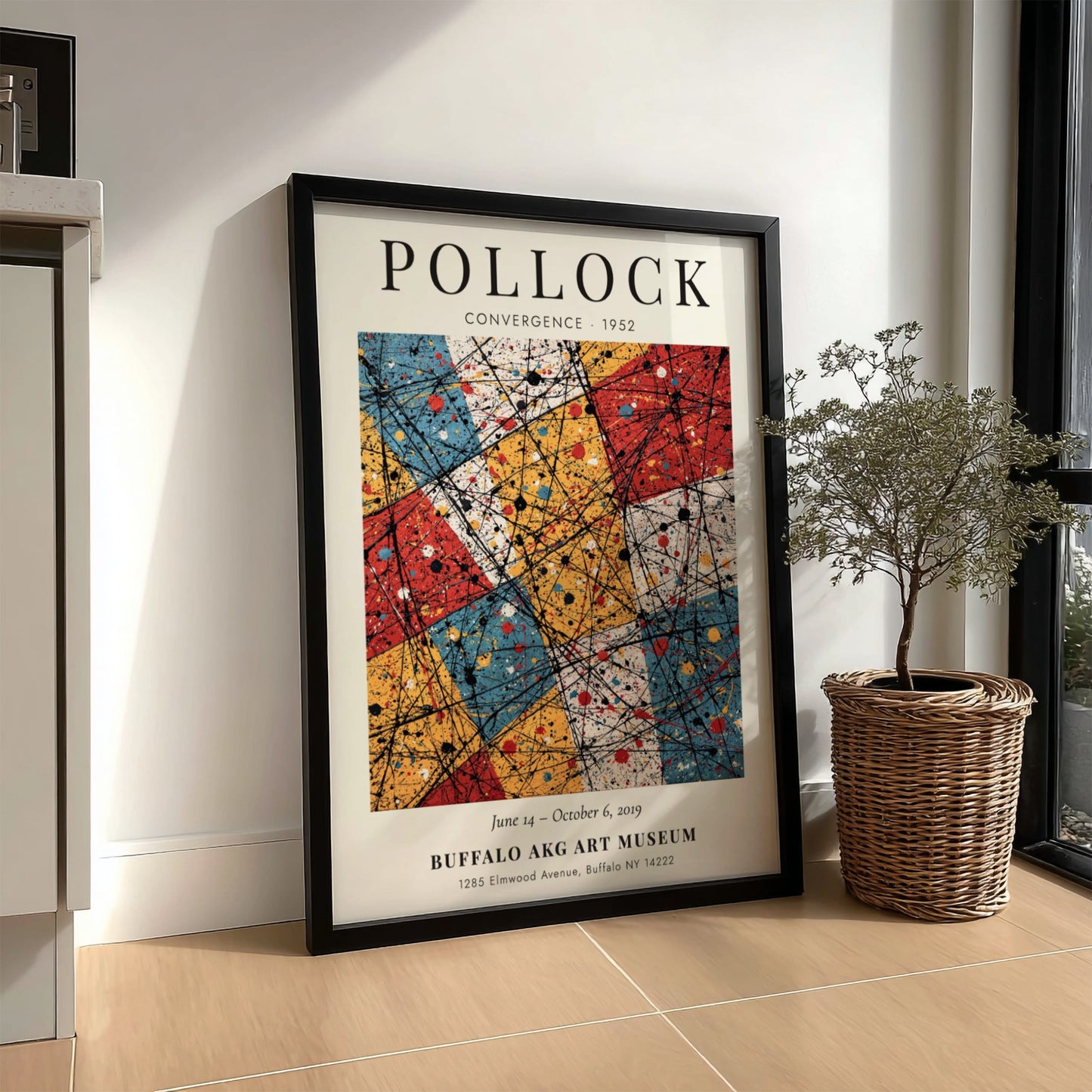 Wall art poster featuring Jackson Pollock Convergence with black dripped lines over coloured rectangles.
