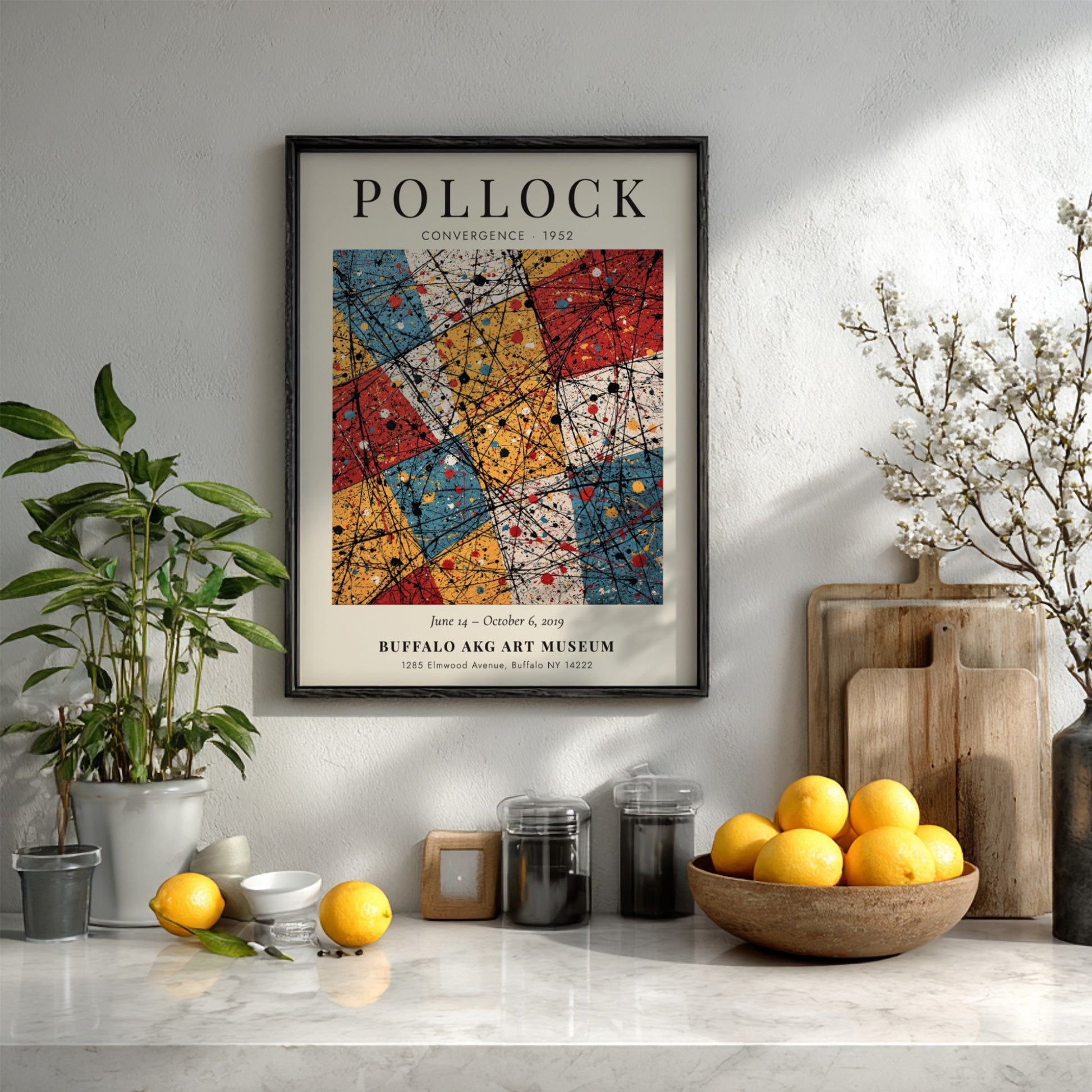 Wall art poster featuring Jackson Pollock Convergence with black dripped lines over coloured rectangles.