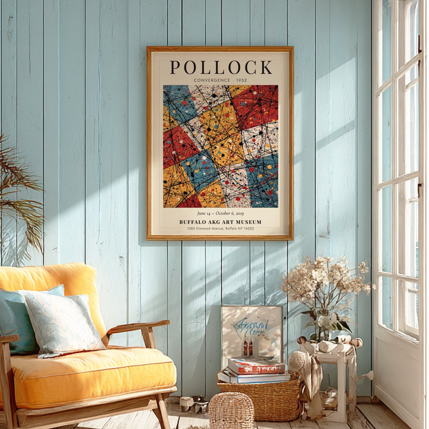 Wall art poster featuring Jackson Pollock Convergence with black dripped lines over coloured rectangles.