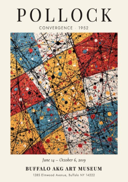 Wall art poster featuring Jackson Pollock Convergence with black dripped lines over coloured rectangles.