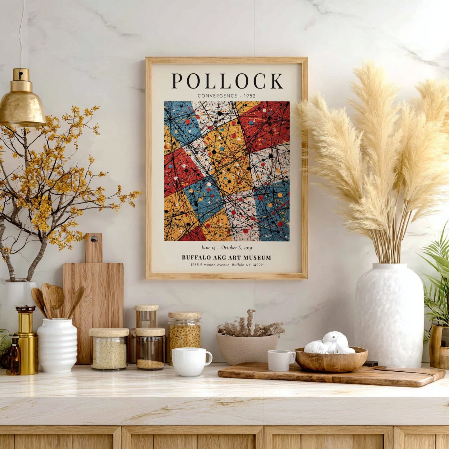 Wall art poster featuring Jackson Pollock Convergence with black dripped lines over coloured rectangles.