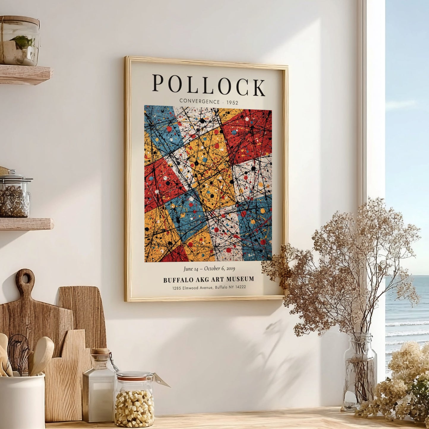 Wall art poster featuring Jackson Pollock Convergence with black dripped lines over coloured rectangles.