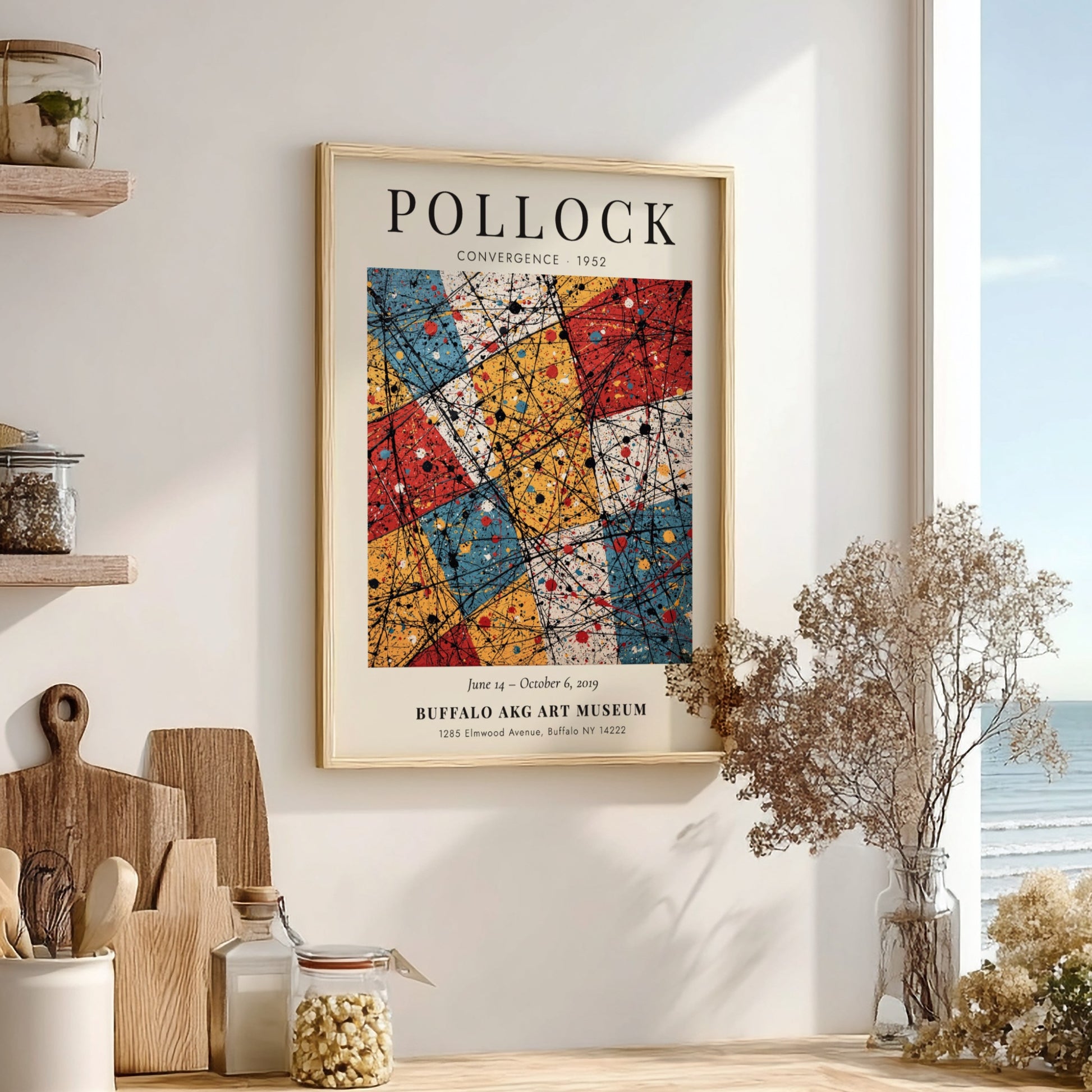 Wall art poster featuring Jackson Pollock Convergence with black dripped lines over coloured rectangles.