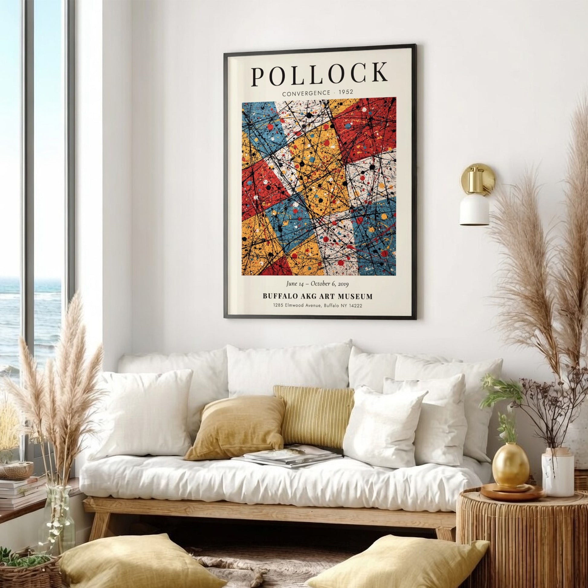 Wall art poster featuring Jackson Pollock Convergence with black dripped lines over coloured rectangles.
