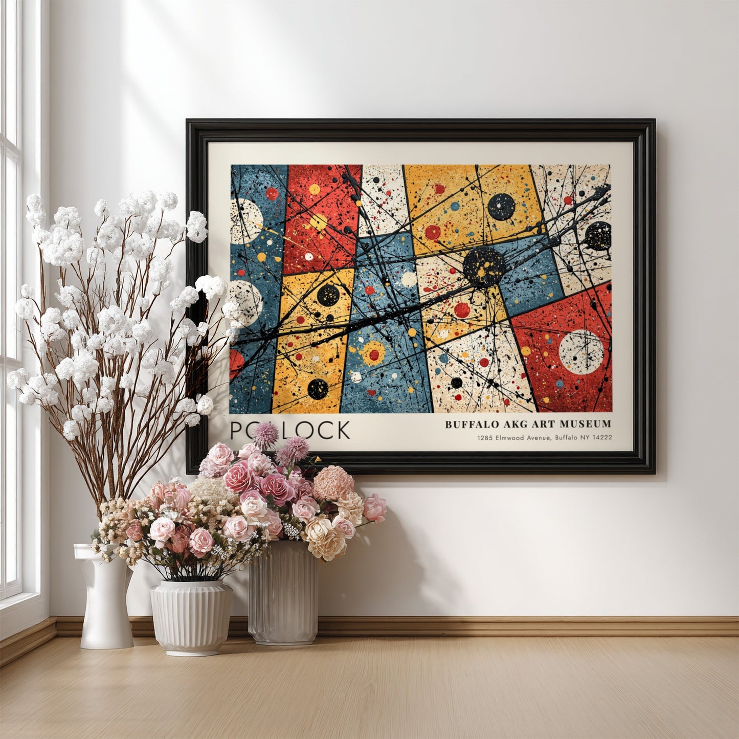 Wall art poster featuring Jackson Pollock’s Convergence with abstract drips and Buffalo AKG text