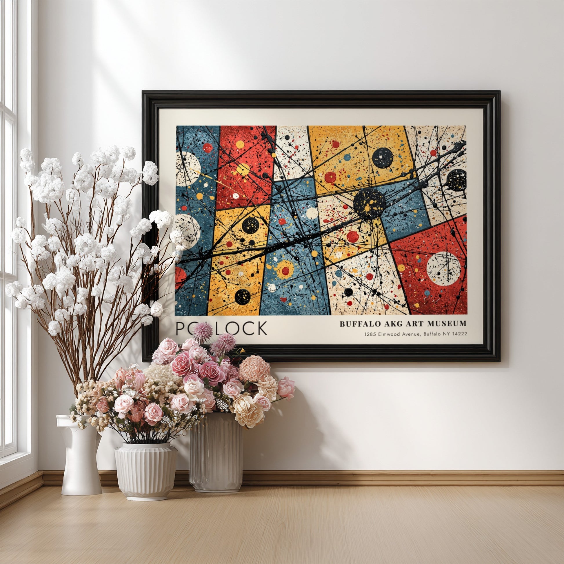 Wall art poster featuring Jackson Pollock’s Convergence with abstract drips and Buffalo AKG text