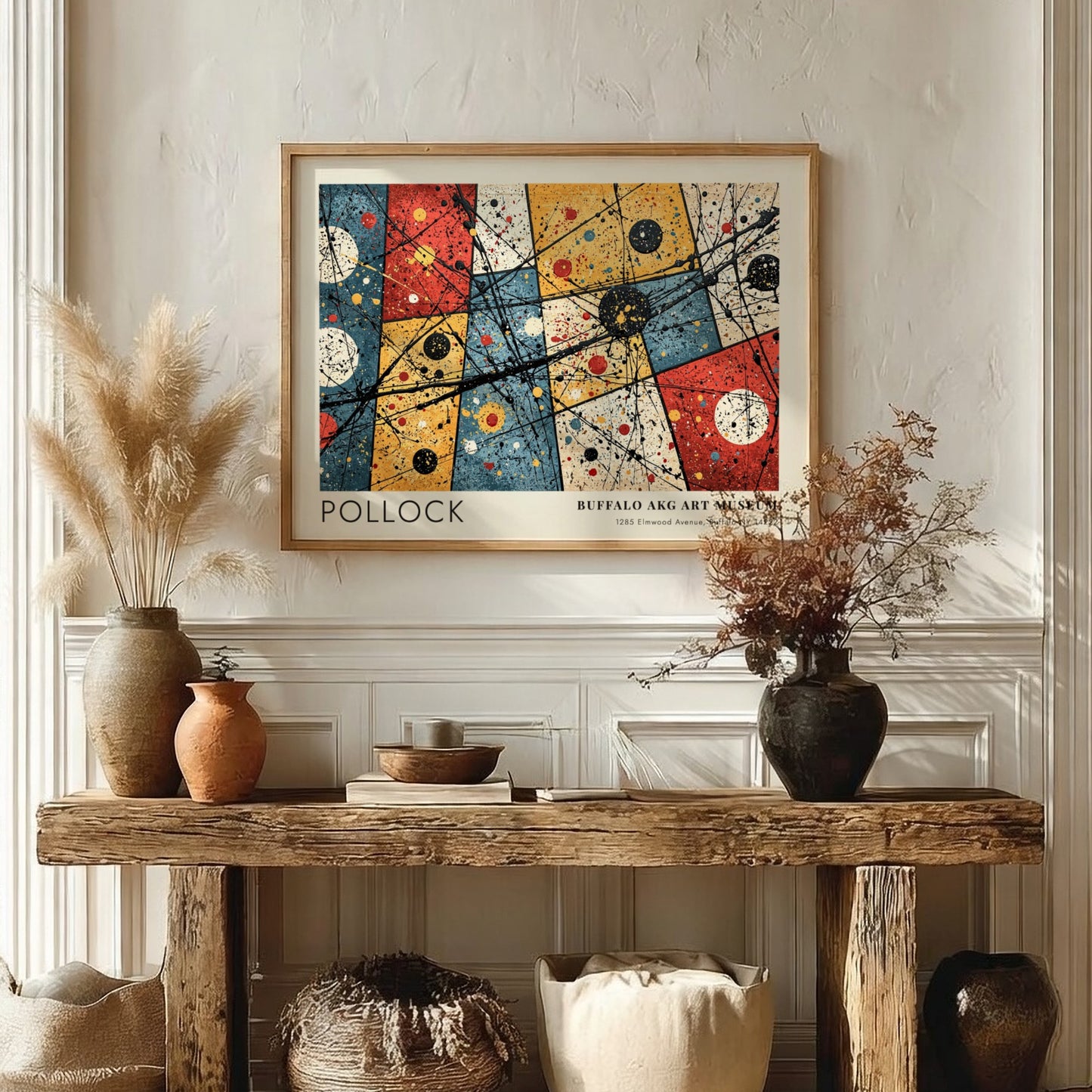 Wall art poster featuring Jackson Pollock’s Convergence with abstract drips and Buffalo AKG text