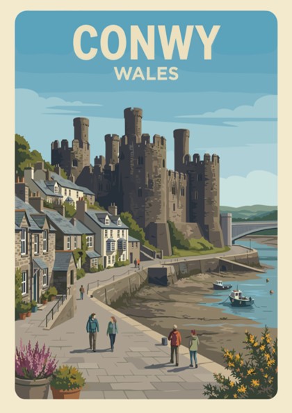Poster of Conwy Castle in Wales featuring stone towers and coastal town buildings.
