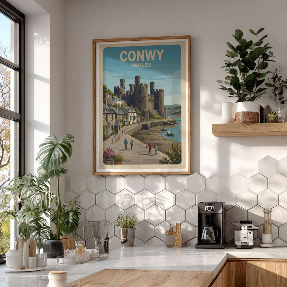 Poster of Conwy Castle in Wales featuring stone towers and coastal town buildings.