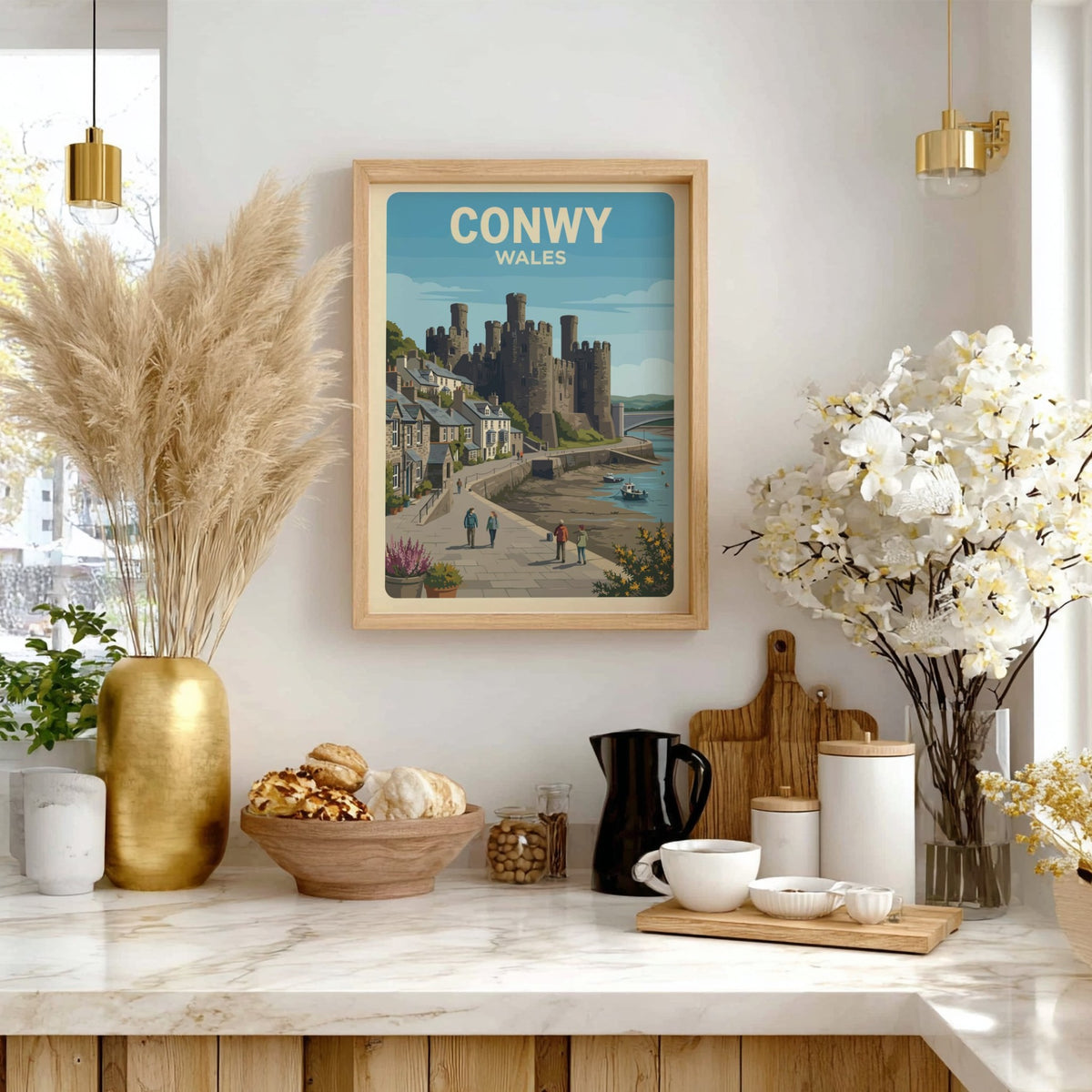 Poster of Conwy Castle in Wales featuring stone towers and coastal town buildings.