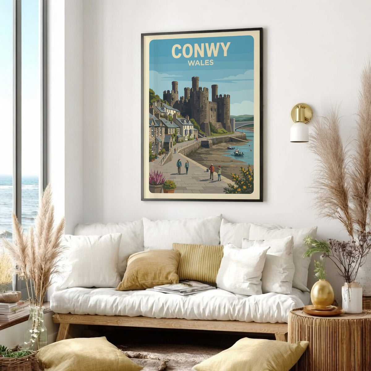 Poster of Conwy Castle in Wales featuring stone towers and coastal town buildings.