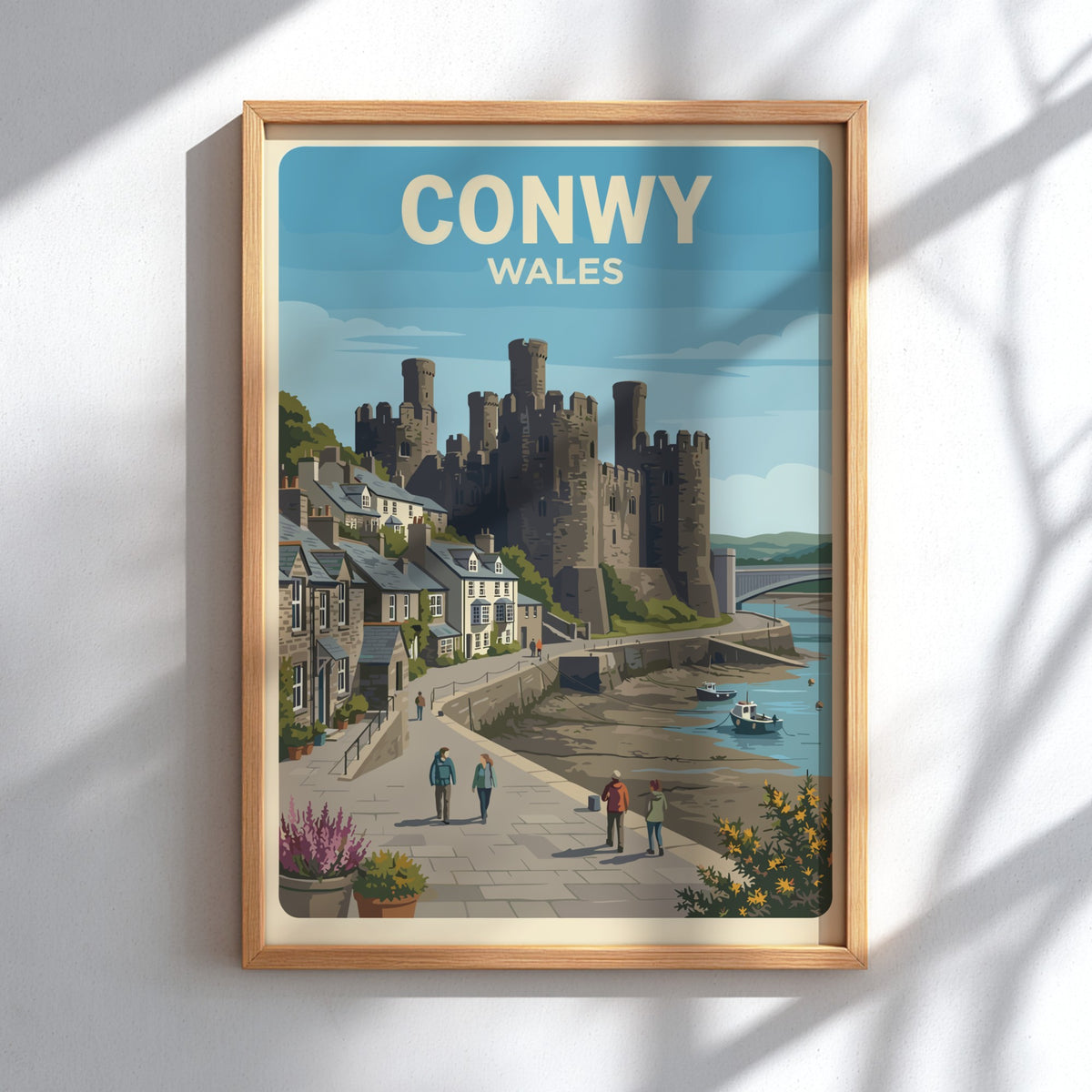 Poster of Conwy Castle in Wales featuring stone towers and coastal town buildings.