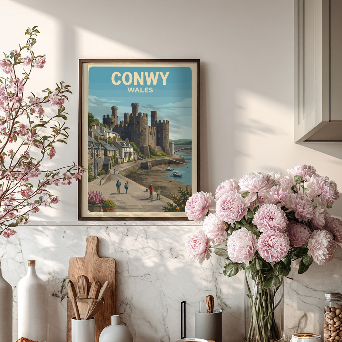 Poster of Conwy Castle in Wales featuring stone towers and coastal town buildings.