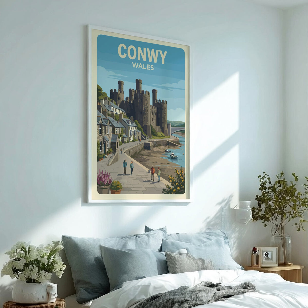 Poster of Conwy Castle in Wales featuring stone towers and coastal town buildings.