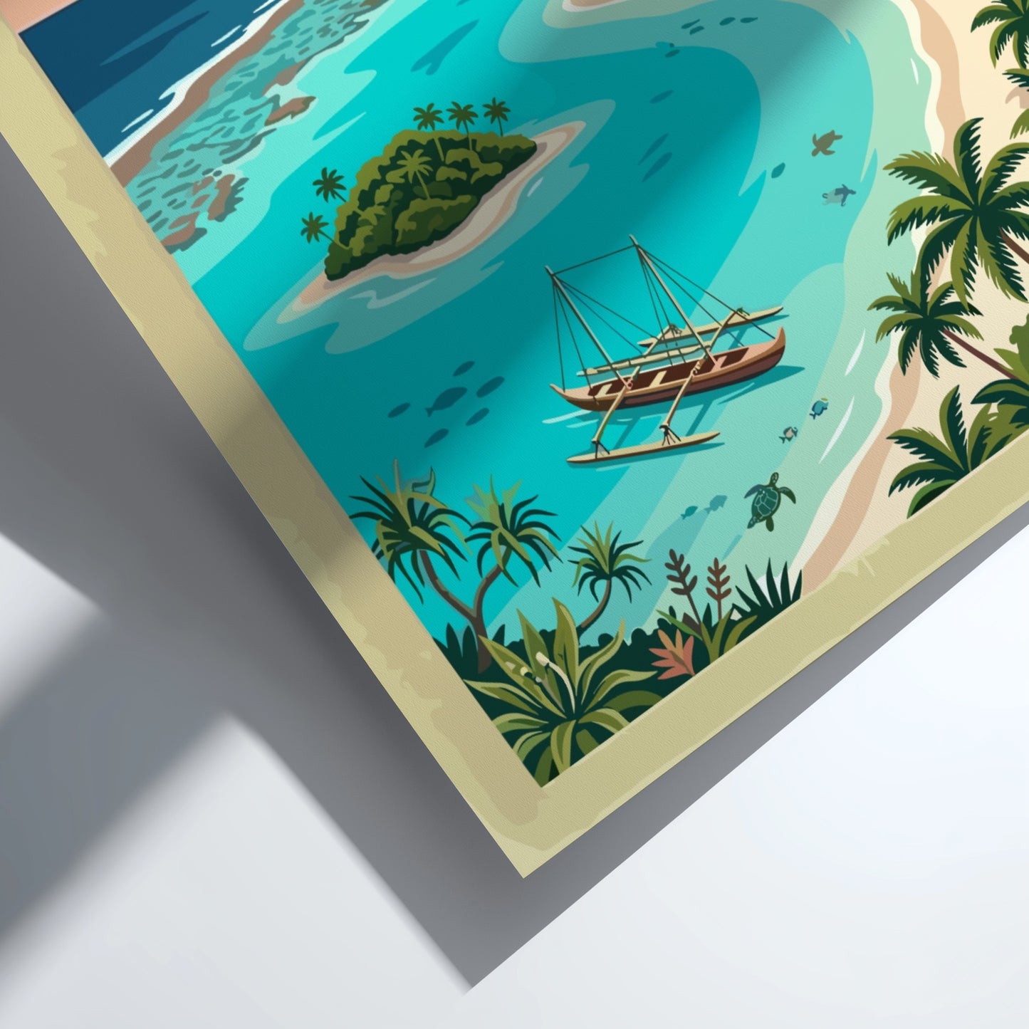 Australia travel poster featuring a Cook Islands lagoon with a canoe and palms