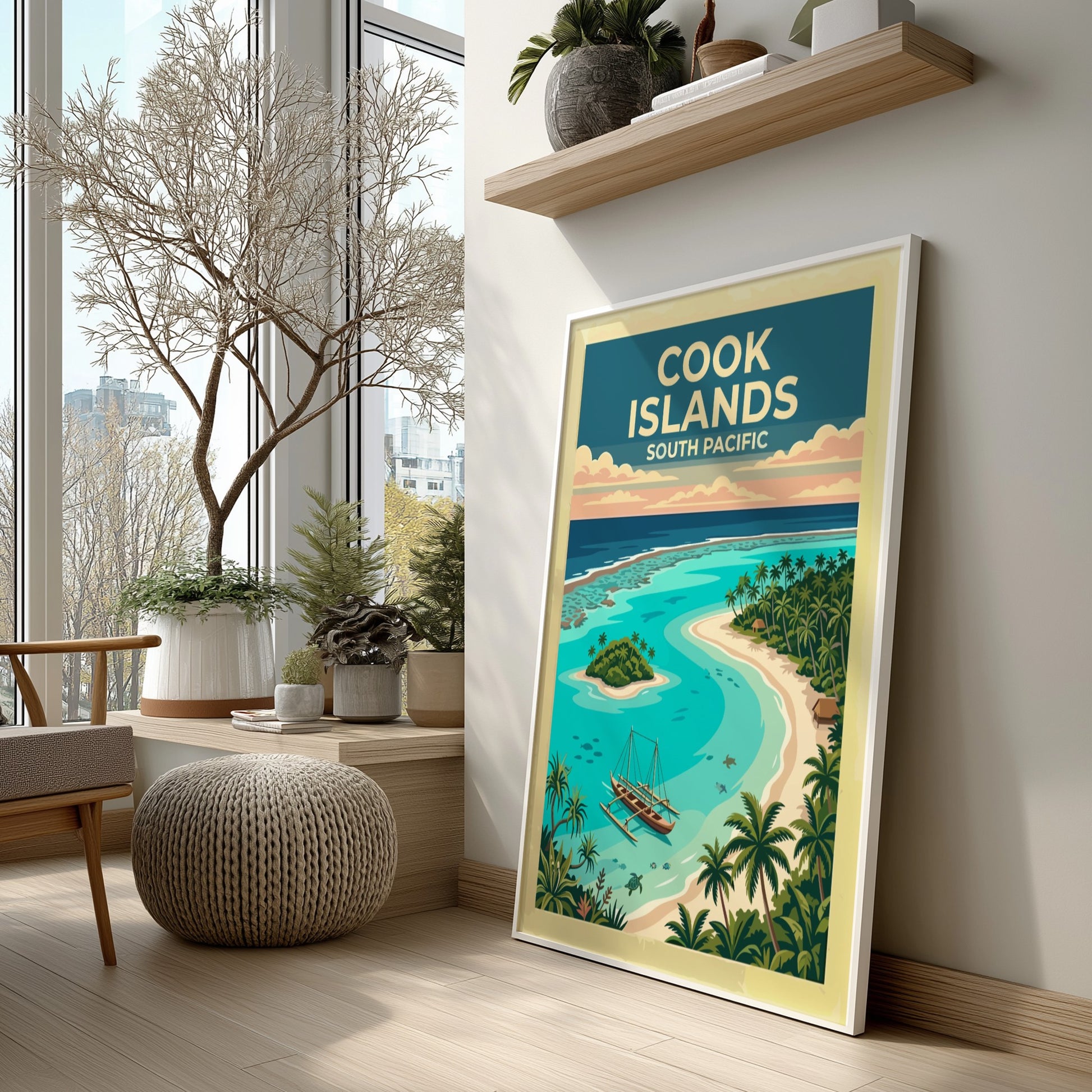 Australia travel poster featuring a Cook Islands lagoon with a canoe and palms
