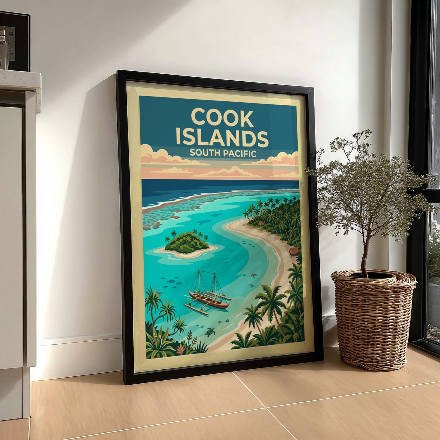 Australia travel poster featuring a Cook Islands lagoon with a canoe and palms