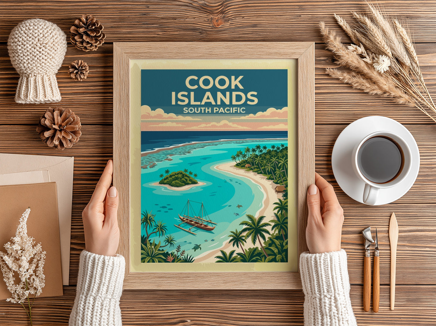 Australia travel poster featuring a Cook Islands lagoon with a canoe and palms