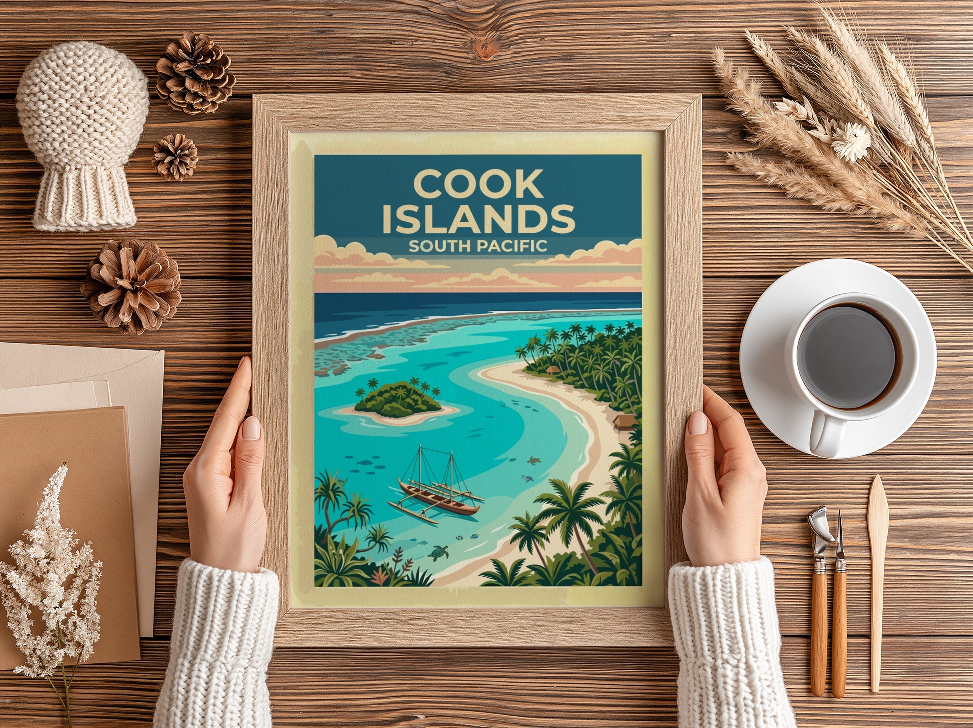 Australia travel poster featuring a Cook Islands lagoon with a canoe and palms