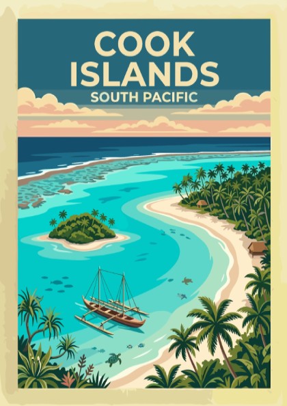 Australia travel poster featuring a Cook Islands lagoon with a canoe and palms