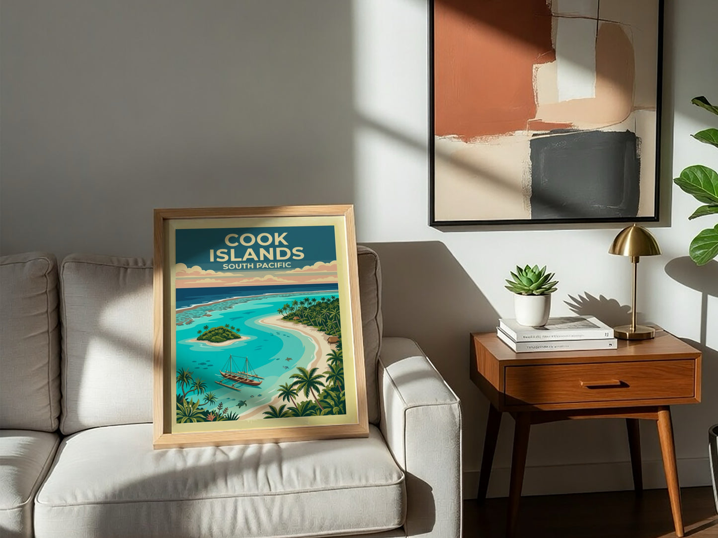 Australia travel poster featuring a Cook Islands lagoon with a canoe and palms