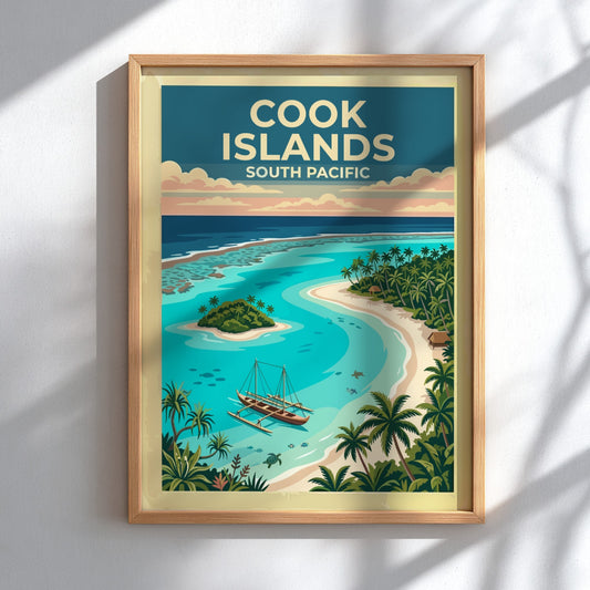 Australia travel poster featuring a Cook Islands lagoon with a canoe and palms
